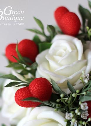 Luxurious interior bouquet of soap roses and strawberries in a ceramic cup6 photo