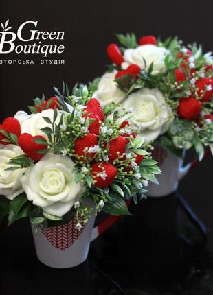 Luxurious interior bouquet of soap roses and strawberries in a ceramic cup