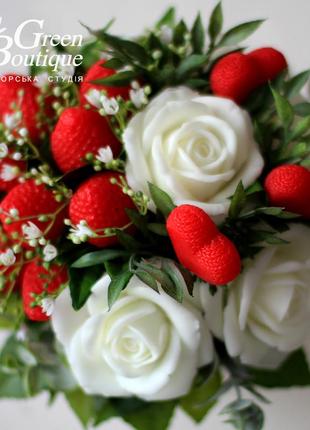 Luxurious interior bouquet of soap roses and strawberries in a ceramic cup3 photo