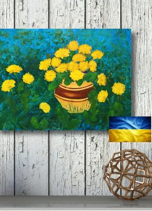 Dandelions oil painting. Wildflowers wall art. Ukrainian art