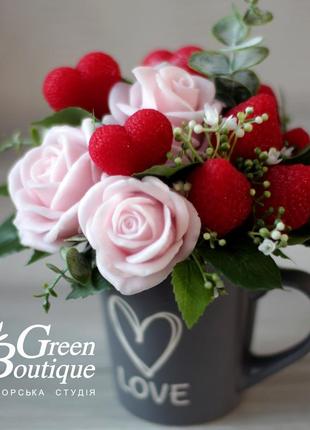 Luxurious interior bouquet of soap roses and strawberries in a ceramic cup2 photo