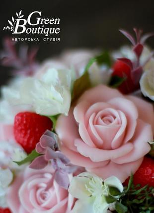 Luxurious interior bouquet of soap roses and strawberries in a ceramic cup6 photo