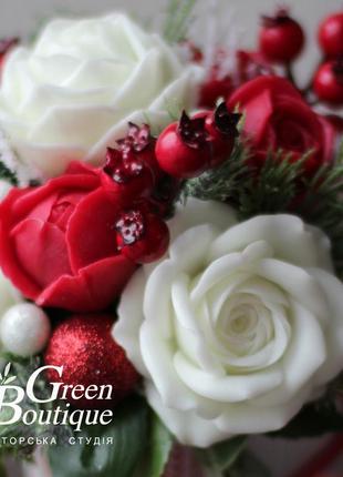 Luxurious interior bouquet of red and white soap roses in a ceramic pot5 photo