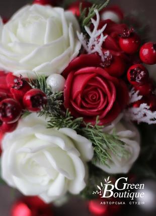 Luxurious interior bouquet of red and white soap roses in a ceramic pot9 photo