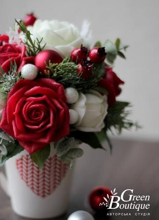 Luxurious interior bouquet of red and white soap roses in a ceramic pot8 photo