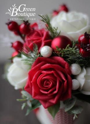Luxurious interior bouquet of red and white soap roses in a ceramic pot10 photo