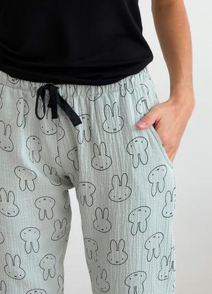 Pajama pants COSY bunnies, muslin, mint4 photo