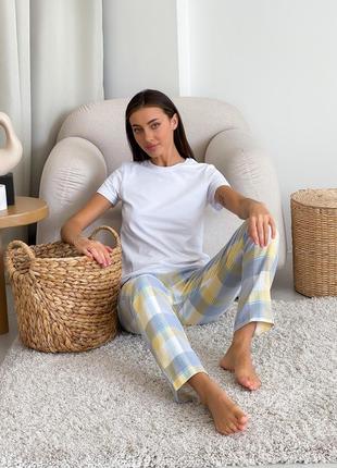 Home women's set COZY in a cage troika (shirt+pants+t-shirt) yellow/grey10 photo
