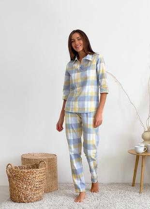 COZY checkered home set for women (shirt+pants) yellow/grey1 photo