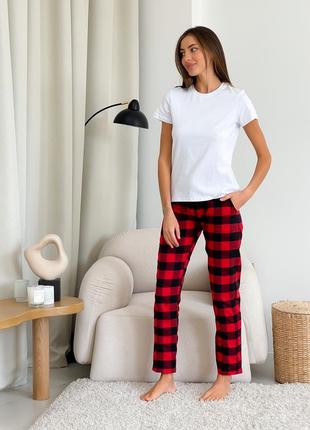 COZY checkered women's pajama set red/black (pants + white t-shirt)