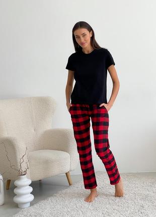 COZY red/black checkered pajama set for women (pants + black t-shirt)1 photo