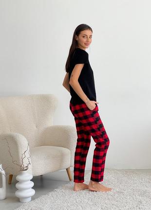COZY red/black checkered pajama set for women (pants + black t-shirt)2 photo