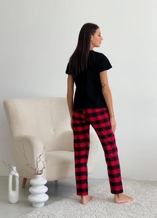 COZY red/black checkered pajama set for women (pants + black t-shirt)3 photo