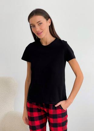 COZY red/black checkered pajama set for women (pants + black t-shirt)4 photo