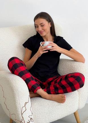 COZY red/black checkered pajama set for women (pants + black t-shirt)7 photo