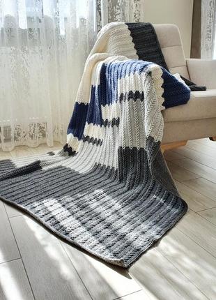 Crochet wool throw blanket white, gray, blue. Geometric pattern, Handmade2 photo