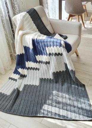 Crochet wool throw blanket white, gray, blue. Geometric pattern, Handmade5 photo