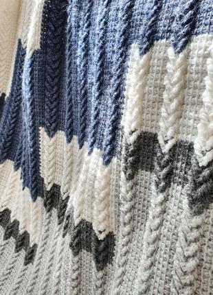 Crochet wool throw blanket white, gray, blue. Geometric pattern, Handmade3 photo