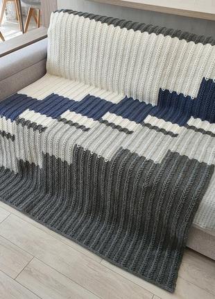 Crochet wool throw blanket white, gray, blue. Geometric pattern, Handmade4 photo