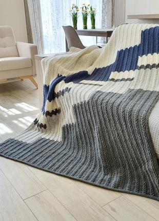 Crochet wool throw blanket white, gray, blue. Geometric pattern, Handmade6 photo