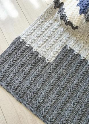 Crochet wool throw blanket white, gray, blue. Geometric pattern, Handmade7 photo