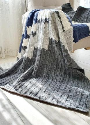 Crochet wool throw blanket white, gray, blue. Geometric pattern, Handmade9 photo