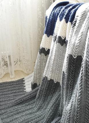 Crochet wool throw blanket white, gray, blue. Geometric pattern, Handmade10 photo