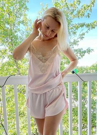 Light pink silk pajama with beige lace trim. Sleep wrap shorts with side slits and camisole set8 photo