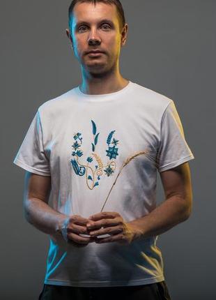 Men's t-shirt with embroidery "Picturesque trident" white. Support Ukraine