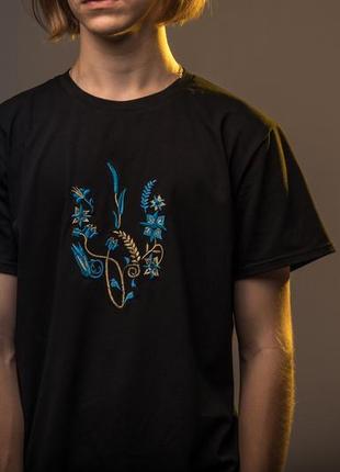 Men's t-shirt with embroidery "Picturesque trident" black. Support Ukraine