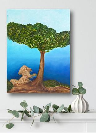 Contemporary seascape art. Lebanese cedar. Tree oil painting on canvas