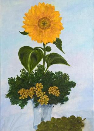Sunflower canvas wall art Oil painting green grapes Green and yellow bouquet