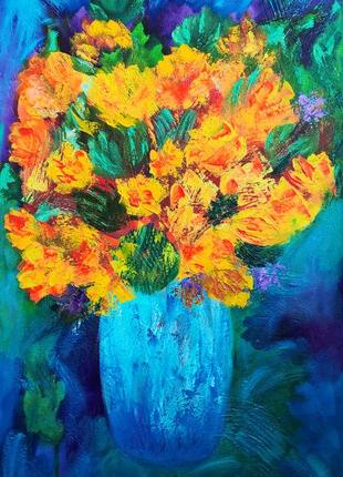 Still life with a bouquet of yellow and orange flowers in a vase. Textured flower painting