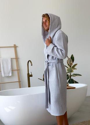 Bathrobe for men COZY with a hood waffle light gray5 photo