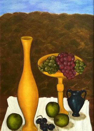 Oil still life with apples and grapes with a jug on a white tablecloth