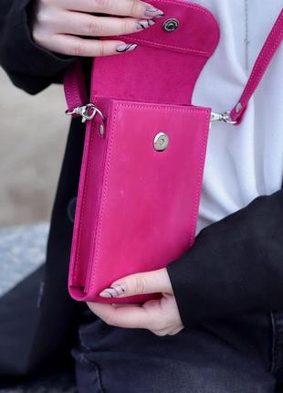 Womens small leather shoulder bag for iphone 14/ Pink elegant bag/ 10025 photo