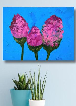 Oil painting with bright pink impasto flowers. Artichoke plant
