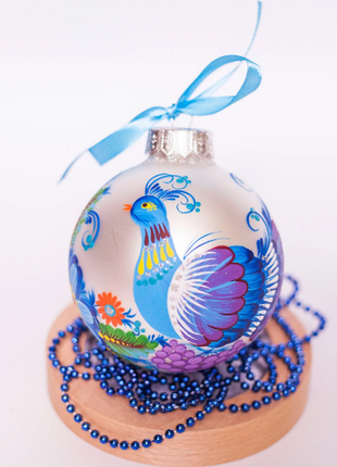Silver Blue Peacock Christmas Ornament, Painted Ukrainian Bird Bauble