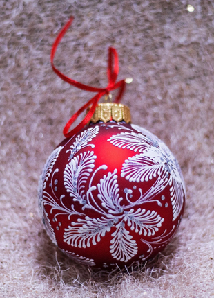 Red and White Glass Xmas Ornament Hand Painted Bauble2 photo