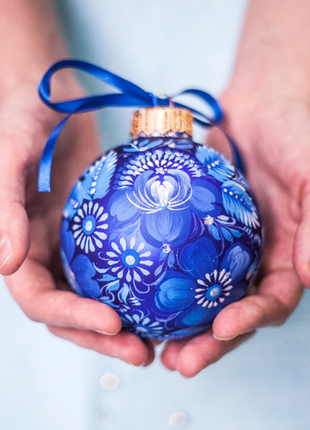 Blue Xmas Ornament Ukrainian Christmas Tree Large Glass Bauble4 photo