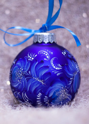 Blue Floral Hand Painted Ukrainian Christmas Ornament2 photo