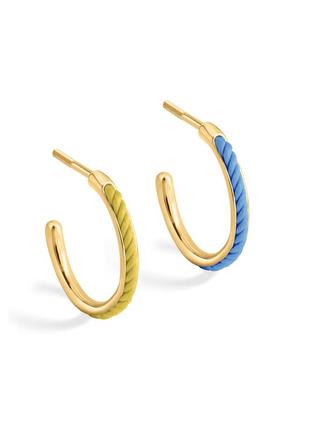 Omega earrings with blue-and-yellow cords