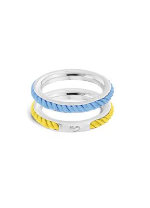 Omega ring set with blue-and-yellow cords
