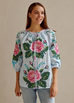 Embroidered linen, with traditional Ukrainian embroidery.  Blue color