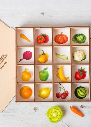 Montessori sorting toy with miniature vegetables and fruits4 photo