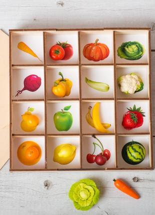 Montessori sorting toy with miniature vegetables and fruits