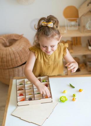 Montessori sorting toy with miniature vegetables and fruits9 photo
