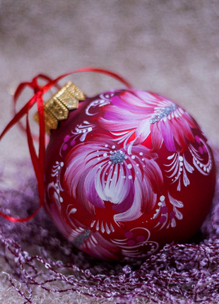 Red White Floral Christmas Bauble, Hand Painted Ornament2 photo
