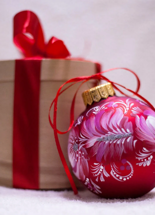 Red White Floral Christmas Bauble, Hand Painted Ornament3 photo