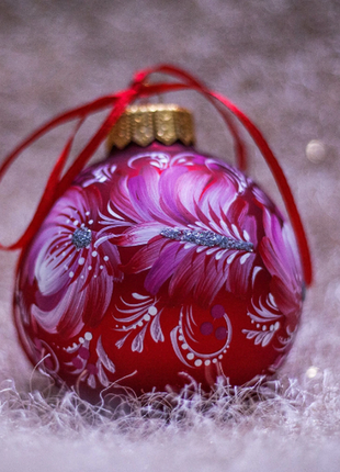 Red White Floral Christmas Bauble, Hand Painted Ornament5 photo